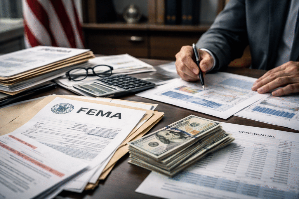 Government-related documents and financial records spread across a desk, symbolizing an investigation into alleged misuse of federal disaster relief funds.