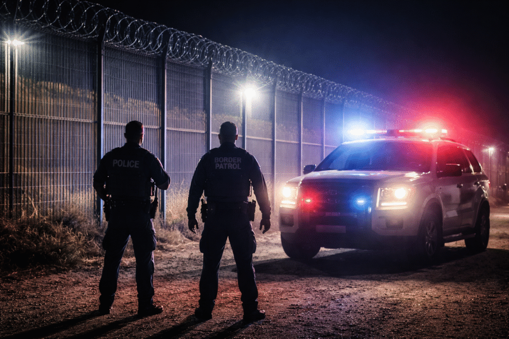 Border security checkpoint at night with law enforcement vehicle and fencing under bright lights, symbolizing immigration enforcement and public safety concerns.