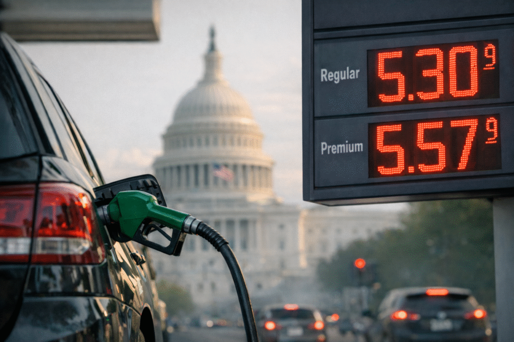 A car being refueled at a gas station with rising fuel prices displayed, with the US Capitol building blurred in the background symbolizing political and economic impact.