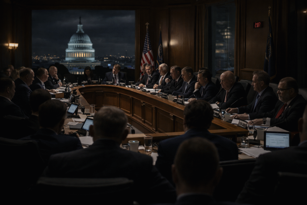 A dimly lit government chamber with lawmakers seated at a long table, symbolizing debate over surveillance laws and national security policy.
