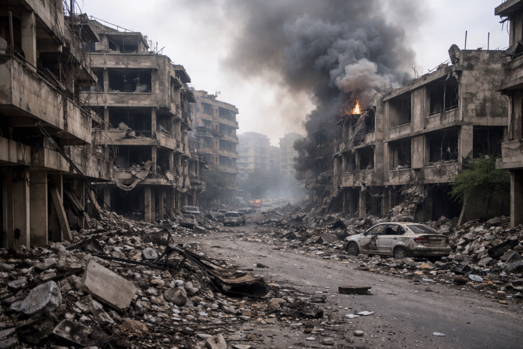 Damaged buildings and smoke rising in a Lebanese urban area following reported airstrikes, with debris scattered across the street under an overcast sky.