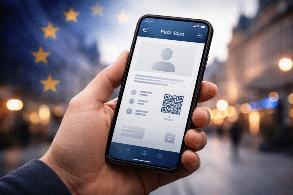 Hand holding smartphone with generic digital identity interface against blurred European city background, symbolizing EU digital identity wallet and privacy concerns