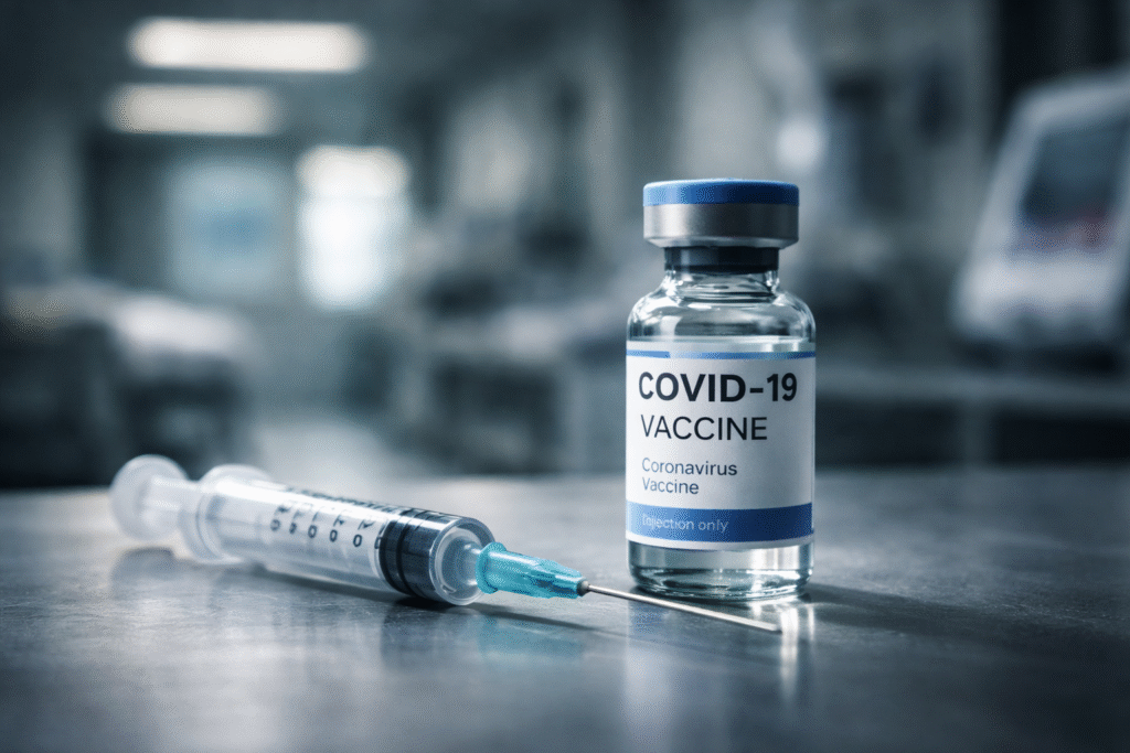 Close-up of a COVID-19 vaccine vial and syringe on a clinical surface with a blurred hospital background, symbolizing vaccine safety concerns.
