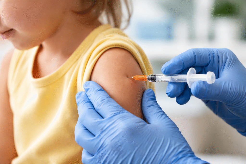 Child receiving a vaccine injection in a medical clinic with a healthcare worker administering the shot.
