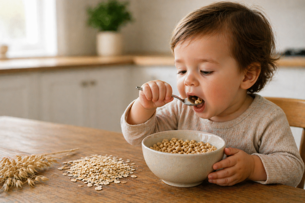 Toddler eating a bowl of oat cereal in a softly lit kitchen, symbolizing concerns about pesticide residues in everyday foods.