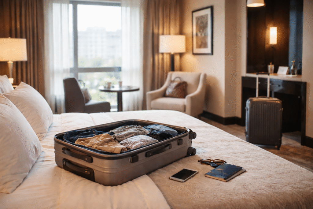 A realistic hotel room scene with a suitcase and personal belongings, symbolizing a disputed travel timeline rather than detention.