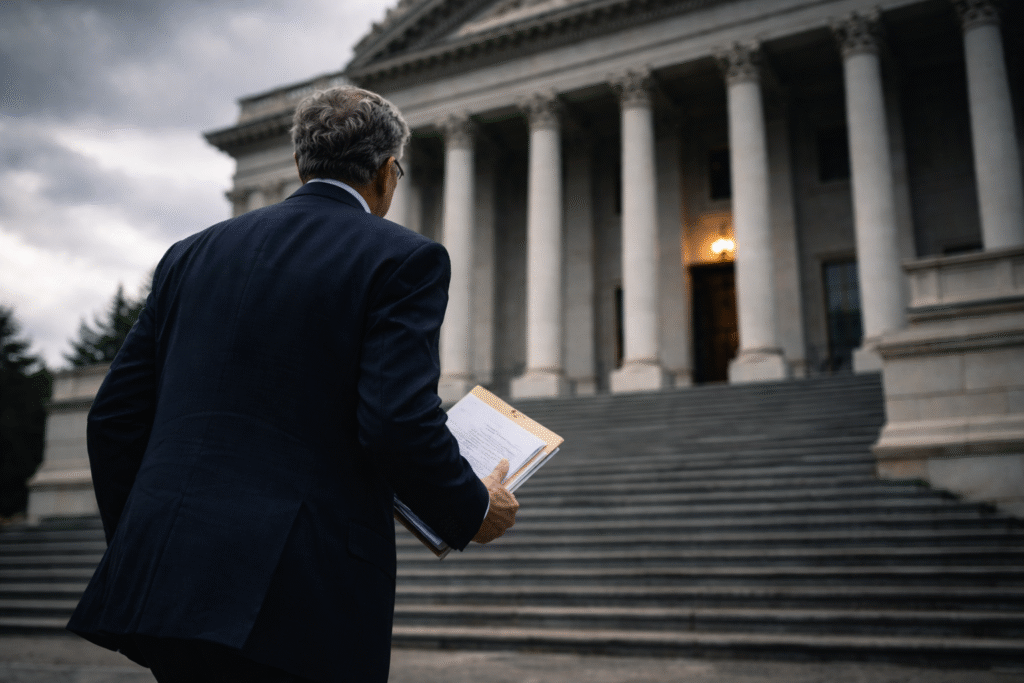 A serious-looking businessman approaches a government building while holding documents, symbolizing accountability and an upcoming congressional hearing.