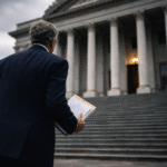 A serious-looking businessman approaches a government building while holding documents, symbolizing accountability and an upcoming congressional hearing.