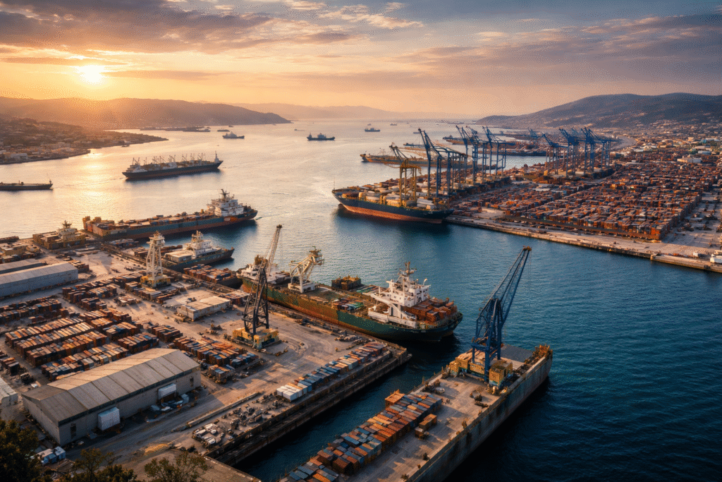 Industrial port in Greece with cargo ships and cranes, representing strategic competition over Mediterranean shipping routes.