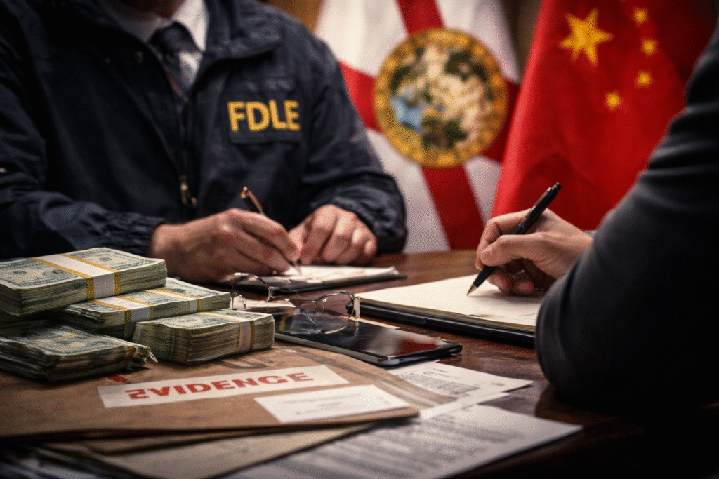 Investigators reviewing documents and evidence at a table with stacks of cash, while U.S. and Chinese flags appear in the background, suggesting a financial crime or election-related investigation