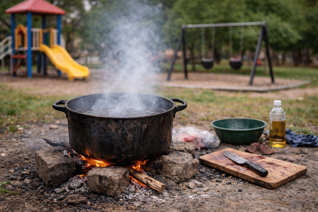 Large black pot boiling over an open fire in a public park, with smoke rising and a children’s playground blurred in the background.