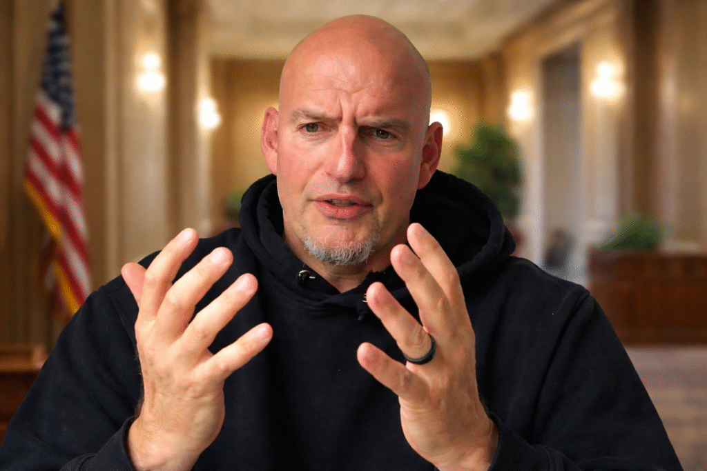 A bald man in a black hoodie gestures with both hands while speaking, set against a softly blurred indoor background with warm lighting and an American flag.