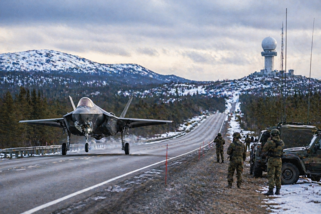 Military aircraft landing on a remote highway in a Nordic landscape during defense exercises, symbolizing NATO operations and regional security.