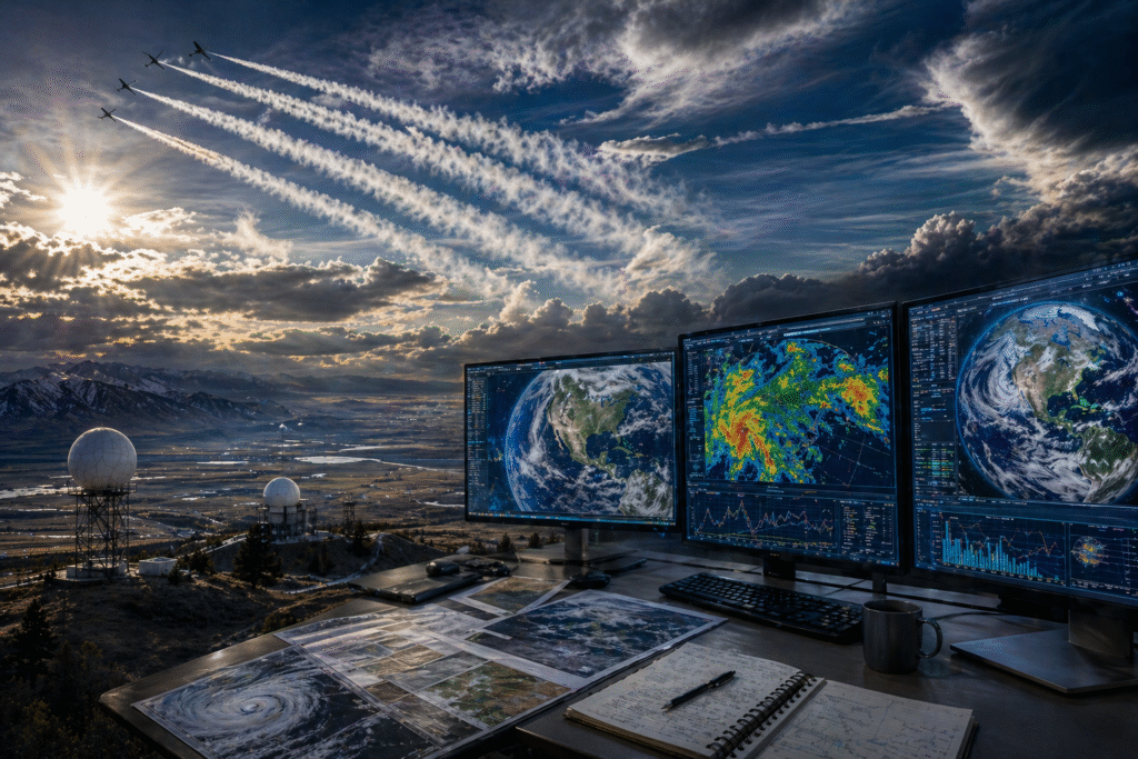 Panoramic scene of a dramatic sky with multiple aircraft contrails above a landscape, alongside a workstation displaying detailed weather maps and atmospheric data on multiple screens.