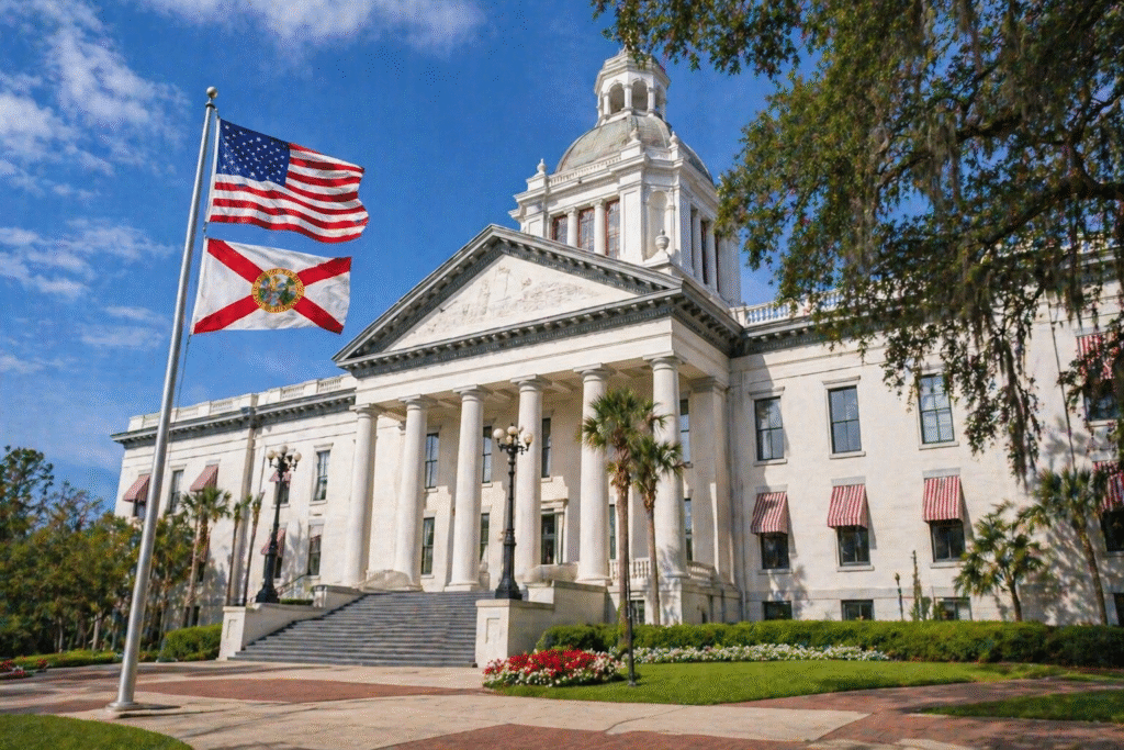 Exterior of a large neoclassical government building with tall columns and a dome, with U.S. and Florida flags flying in front under a clear blue sky.