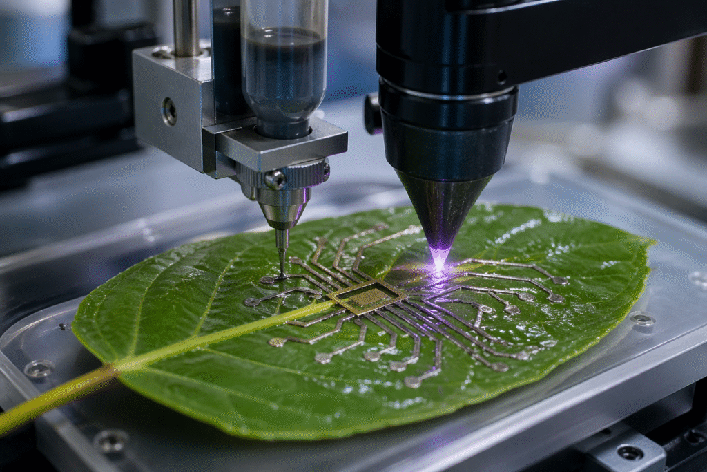 Close-up of a laboratory process where conductive circuitry is being printed onto a delicate surface using precision 3D printing technology.