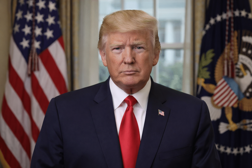 Official-style portrait of Donald Trump in a navy suit and red tie standing before American and presidential flags in a White House setting.