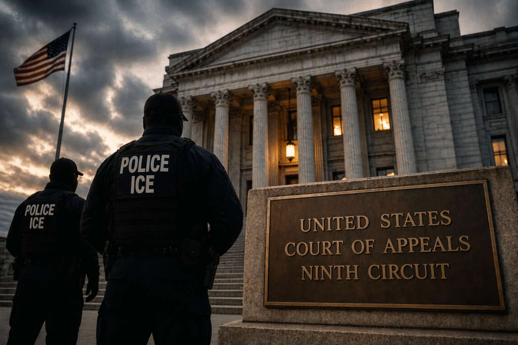 Federal courthouse exterior with American flag and law enforcement presence, symbolizing a legal ruling involving federal authority and immigration enforcement.