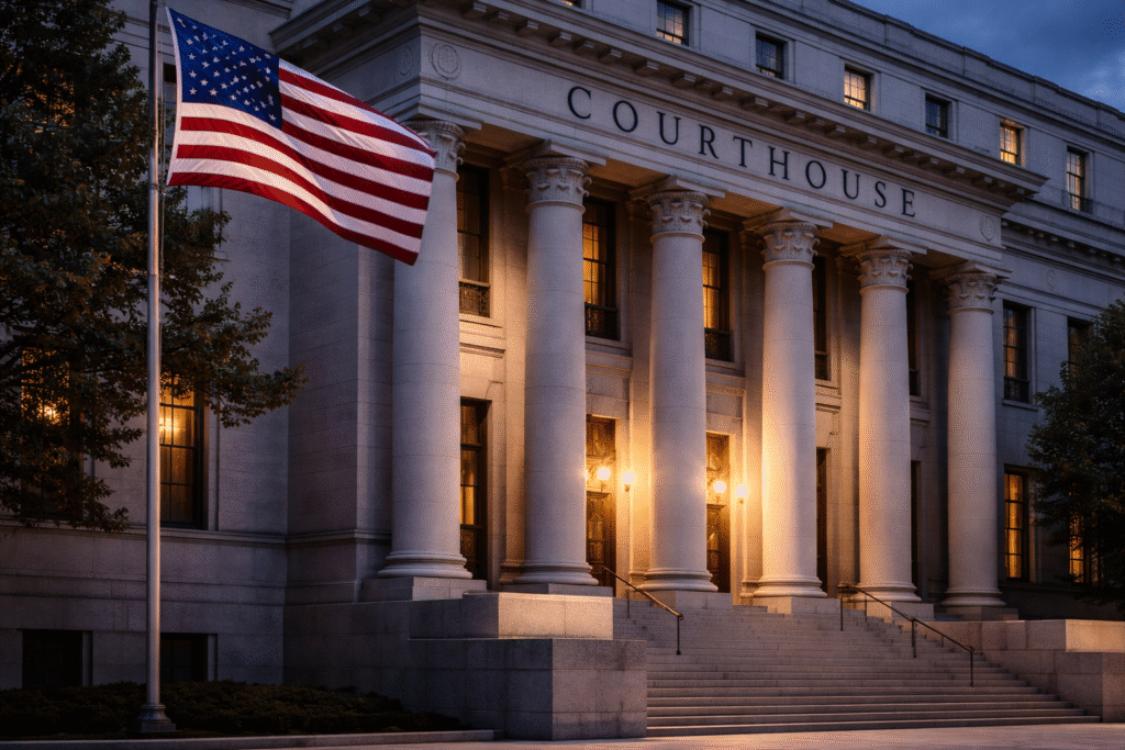 Exterior view of a U.S. courthouse building with columns and an American flag, symbolizing federal legal proceedings.