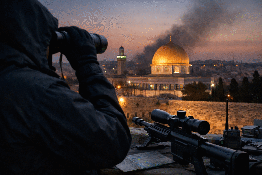 Jerusalem skyline at dusk with Dome of the Rock and distant smoke suggesting regional tension and conflict