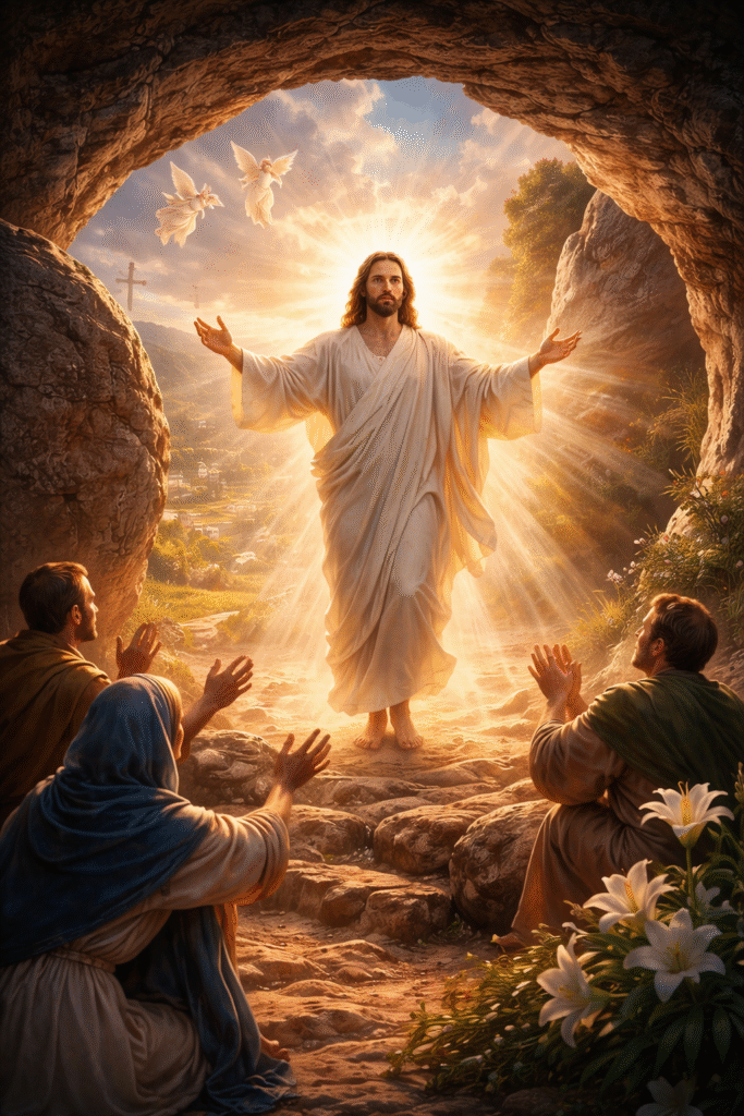 Jesus Christ standing at the entrance of an empty tomb at sunrise, surrounded by radiant light, with followers kneeling in awe and angels above.