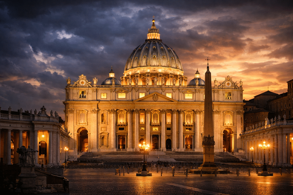 St. Peter’s Basilica in Vatican City illuminated at sunset, with its iconic dome glowing above the grand façade and St. Peter’s Square in the foreground under dramatic evening clouds.