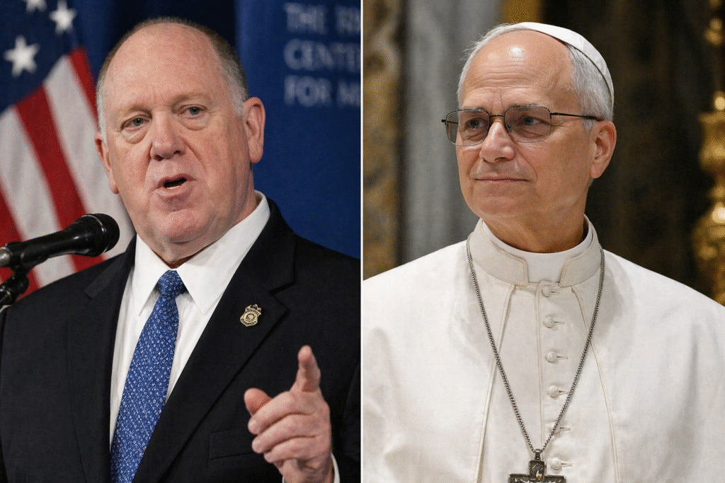 Split image showing a government official speaking at a podium alongside a religious leader, representing debate over immigration and border policy.