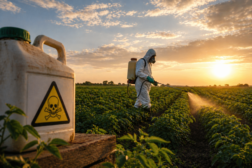 Farm worker spraying pesticides on crops with protective gear in a large agricultural field at sunset.