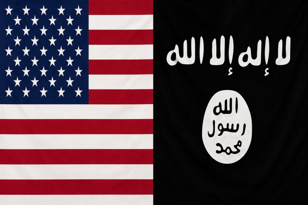 Side-by-side image showing the United States flag with red and white stripes and white stars on a blue field next to a black flag with white Arabic script and circular emblem.