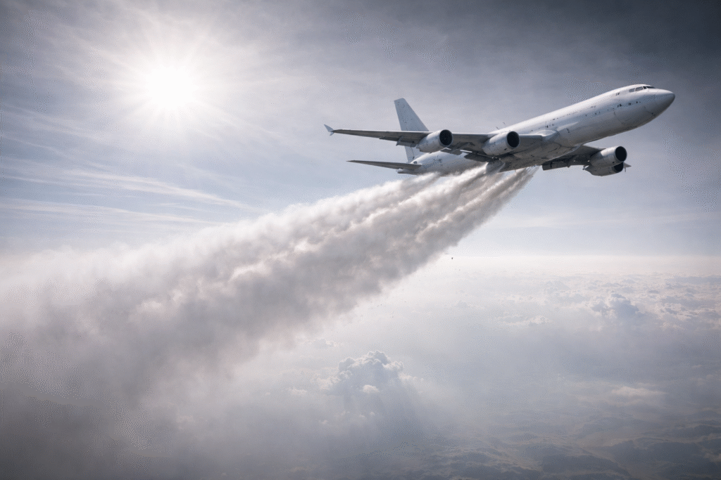 High-altitude aircraft releasing fine particles into the upper atmosphere, with sunlight diffused through a hazy sky to illustrate solar geoengineering.