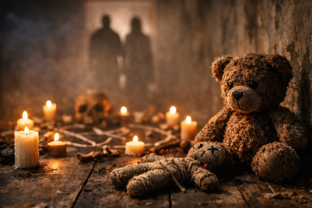Dimly lit scene showing a worn teddy bear, candles, and symbolic ritual objects representing concerns around child abuse linked to occult practices