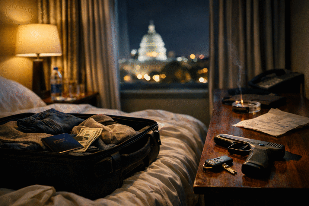 Dimly lit hotel room with an open suitcase on a bed and personal belongings, symbolizing sudden departure and financial uncertainty.