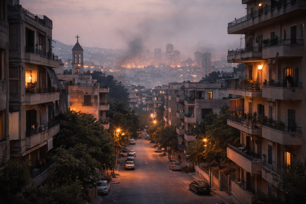 Residential neighborhood in Beirut at dusk with calm foreground and faint haze in the distance, symbolizing contrast between unaffected areas and nearby conflict zones