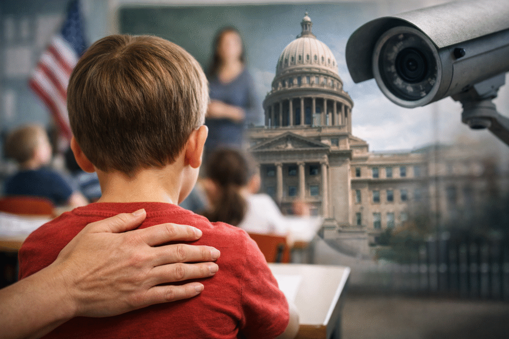 Child seated in classroom with protective adult hand on shoulder, symbolic of parental rights concerns and state oversight in education.