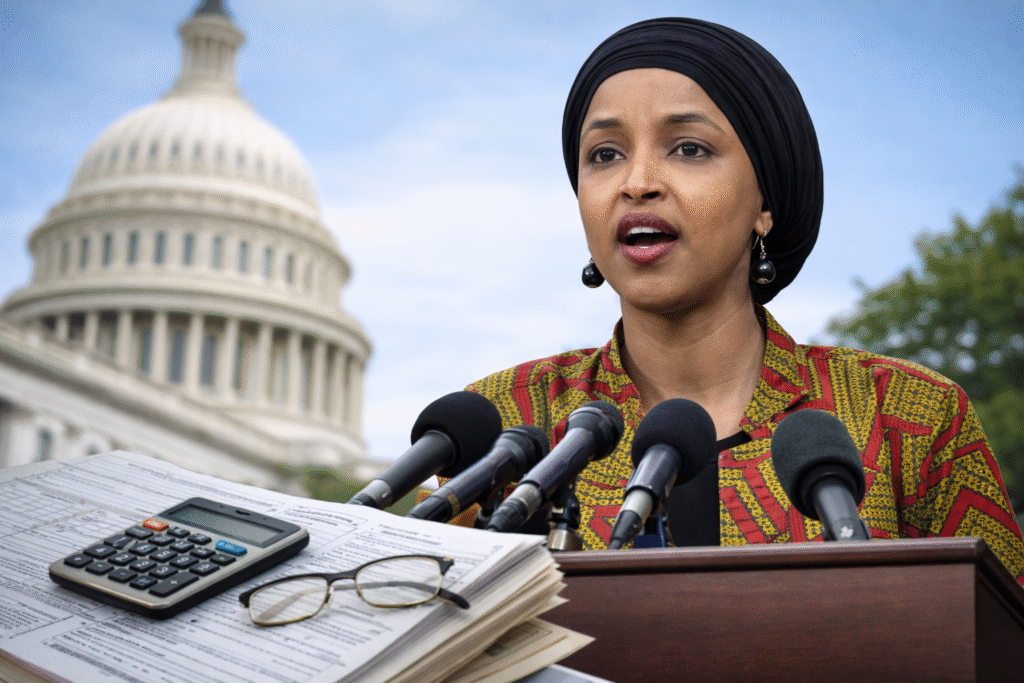 A serious political setting showing a speaker at a podium with microphones, alongside imagery of the US Capitol and official documents symbolizing financial disclosures.