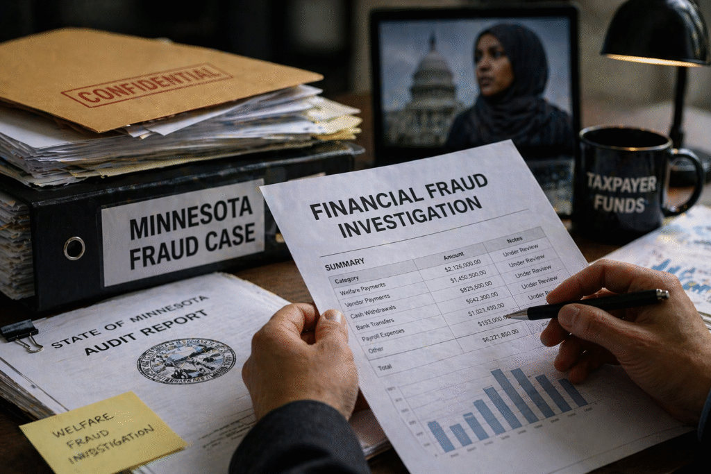 Close-up of hands reviewing financial documents and paperwork on a desk, representing an investigation into fraud and misuse of funds.