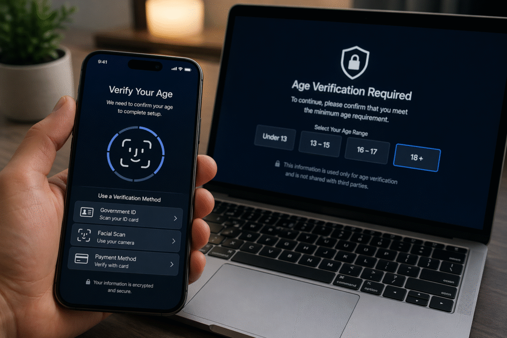Close-up of a smartphone and laptop displaying age verification prompts during device setup, symbolizing digital identity checks and privacy concerns.