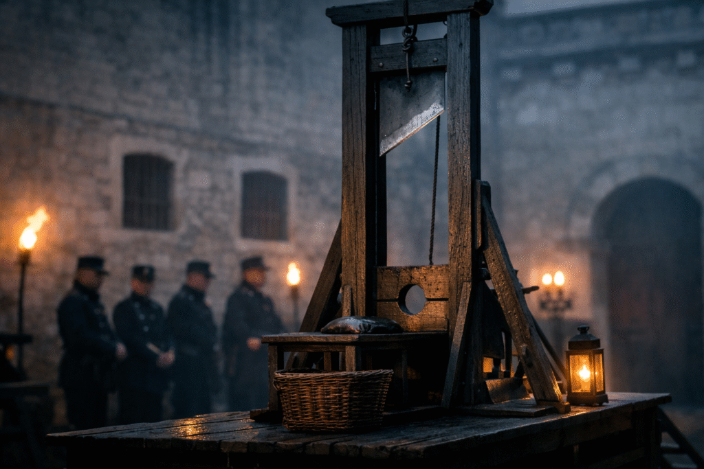 Historic-style guillotine set in a dimly lit courtyard with guards in the background, representing France’s final execution era.