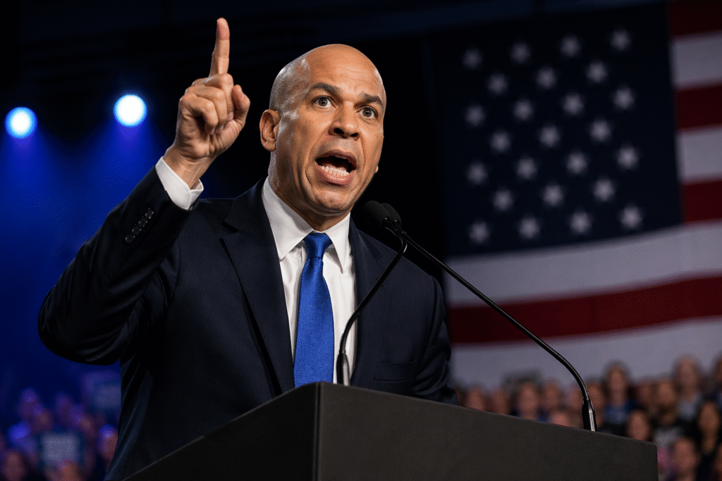Politician delivering an intense speech at a podium with dramatic lighting and blurred audience, symbolizing political tension and public debate.