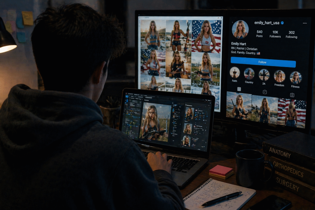 Person working on a laptop with multiple screens displaying AI-generated faces and social media profiles in a dimly lit room, illustrating digital identity creation and online manipulation.