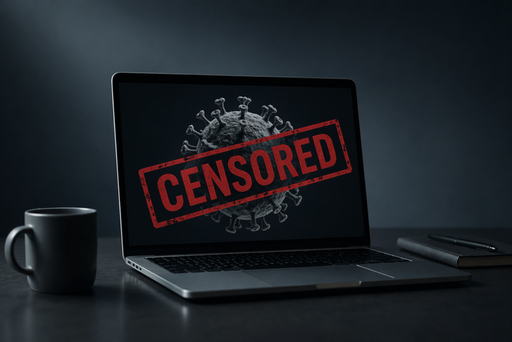 Laptop on a dark desk displaying a virus graphic with a red censored stamp, symbolizing restricted information during the COVID-19 pandemic.