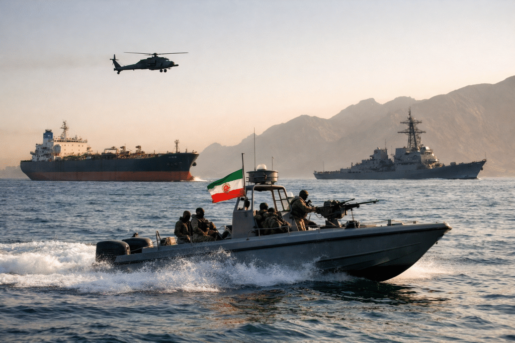 Armed patrol boat with Iranian flag moving through the Strait of Hormuz near an oil tanker and naval warship under a helicopter at sunset.