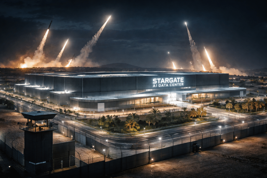 Large data center facility in a desert setting at night with security lighting, symbolizing vulnerability of critical AI infrastructure amid geopolitical tensions.