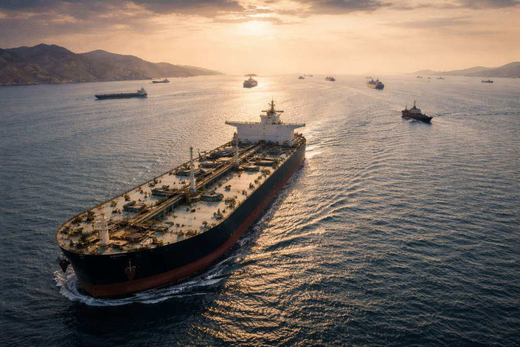 Oil tanker navigating a narrow stretch of the Strait of Hormuz with distant vessels and calm waters under a muted sky, symbolizing strategic maritime tension.