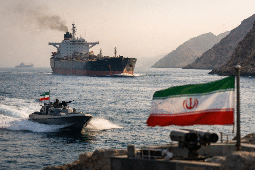 Oil tanker sailing through the Strait of Hormuz with a military patrol boat nearby and rugged coastline in the background under warm light.