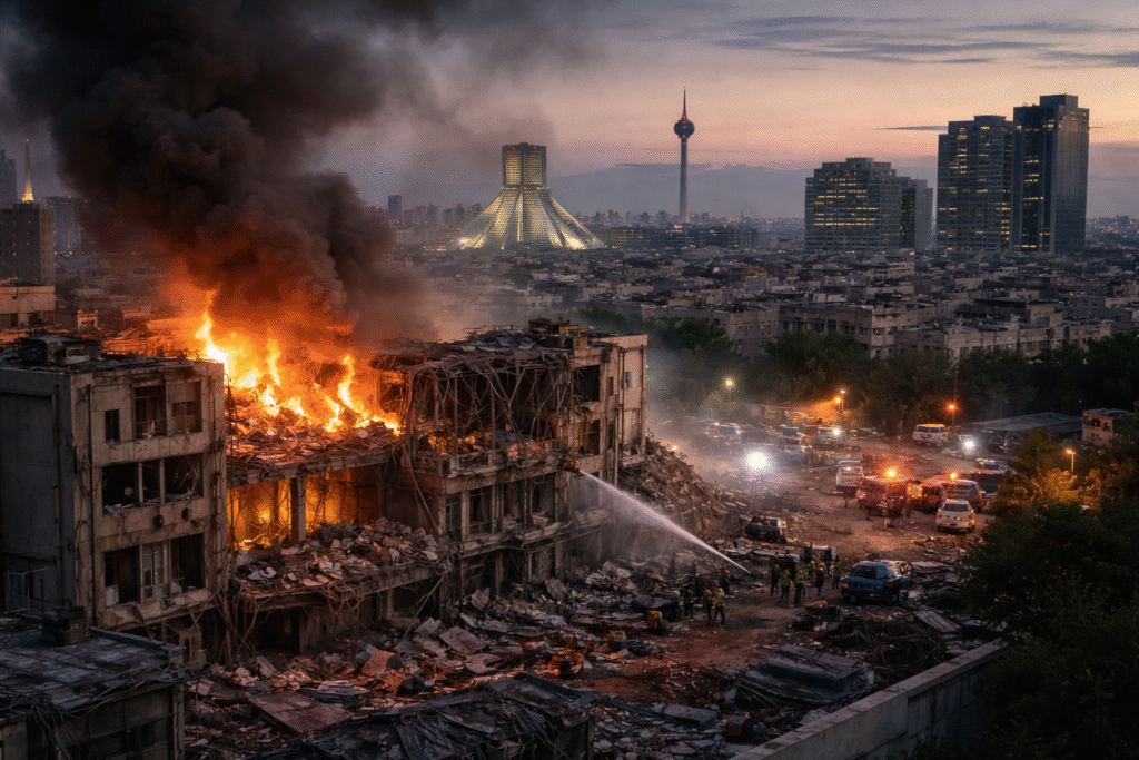 Damaged infrastructure in Tehran following airstrikes, symbolizing rising regional tensions and geopolitical conflict involving Iran and Gulf states.
