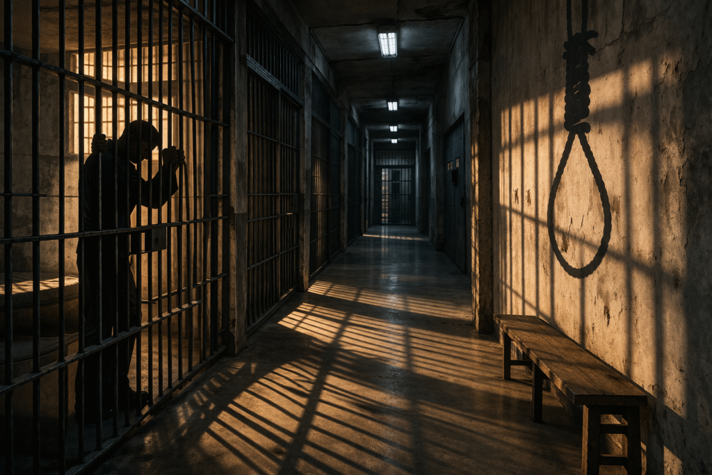 Dimly lit prison corridor with barred cells and shadows symbolizing executions and repression in Iran.