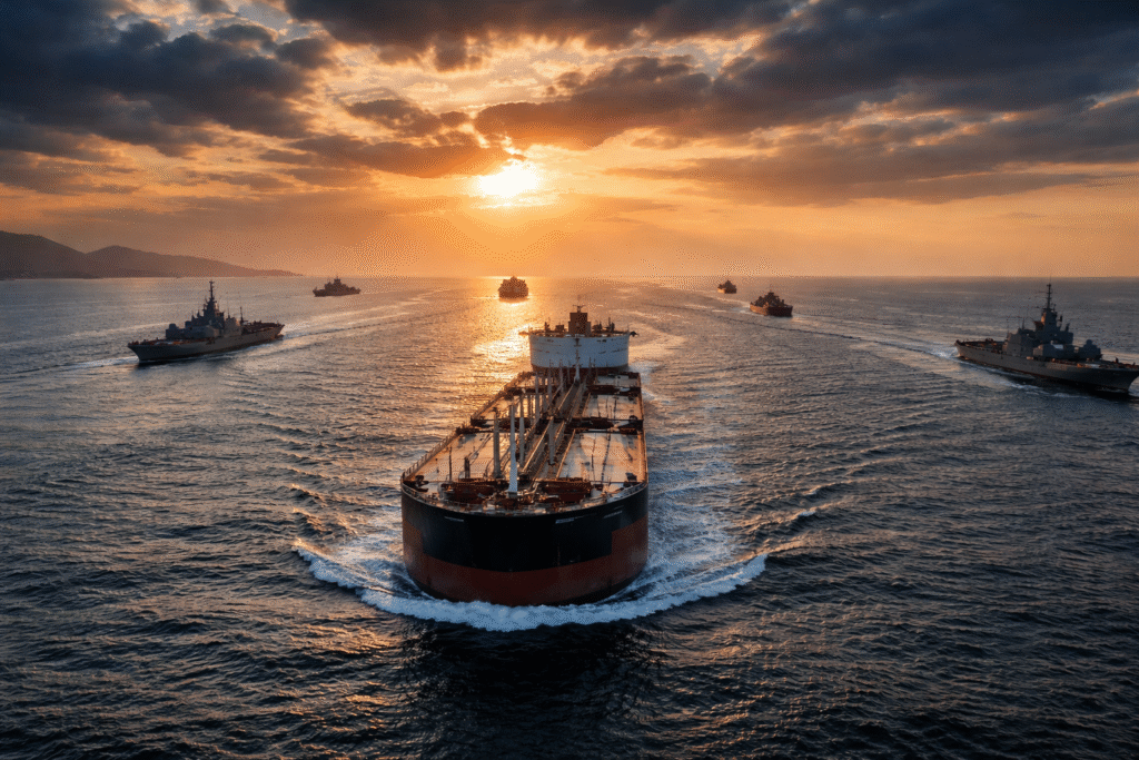Oil tankers navigating a narrow maritime passage in the Strait of Hormuz with naval vessels visible on the horizon under a dramatic sky.