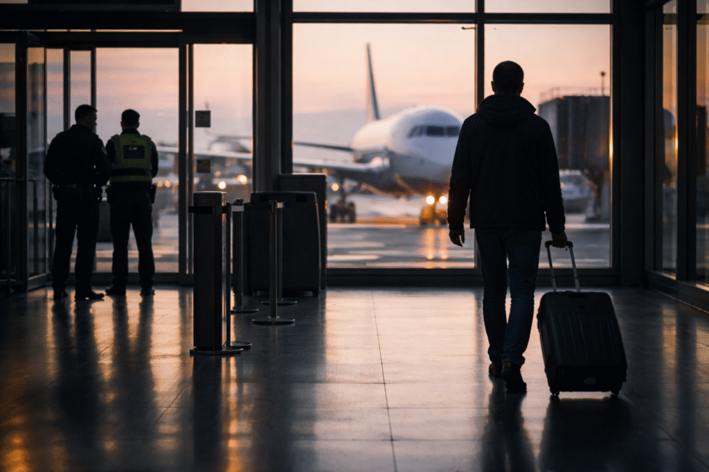 Airport departure gate with airplane outside and a traveler walking away with luggage while security personnel stand in the background.
