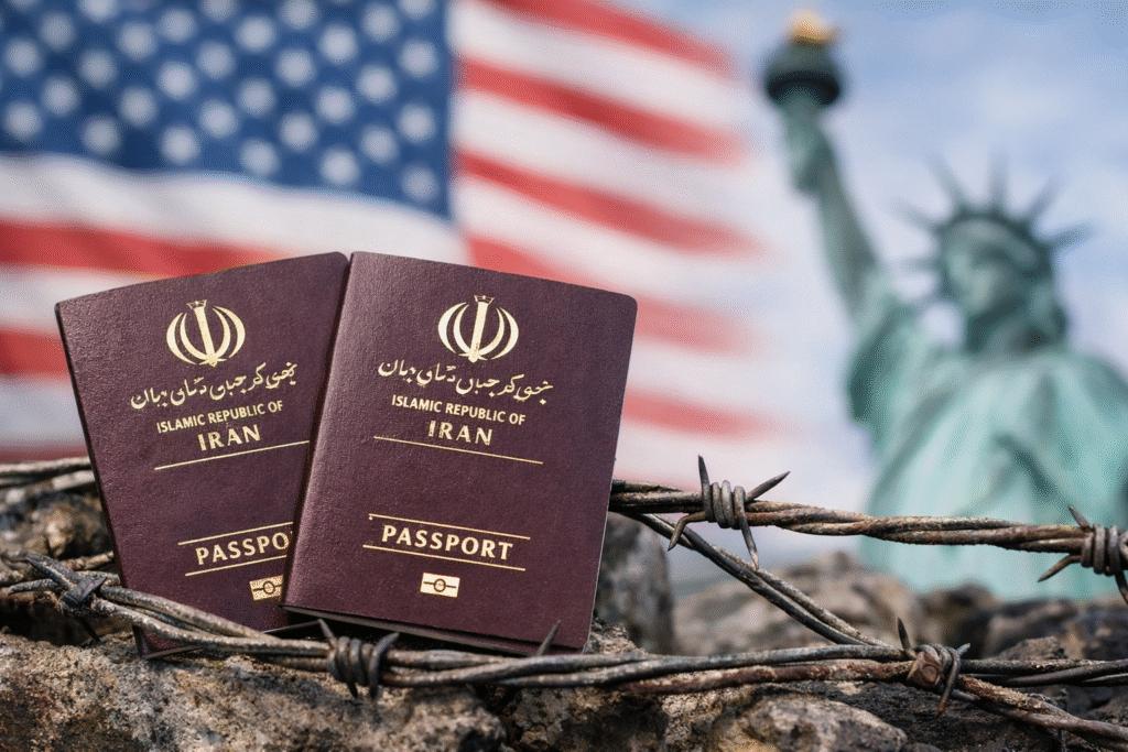 Two Iranian passports resting on barbed wire with blurred American flag and Statue of Liberty in the background symbolizing immigration restrictions.